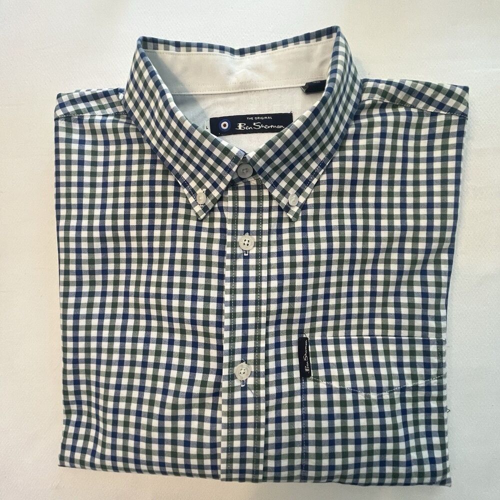 The Original Ben Sherman Men's Button Down Oxford Shirt Navy/green Check Large